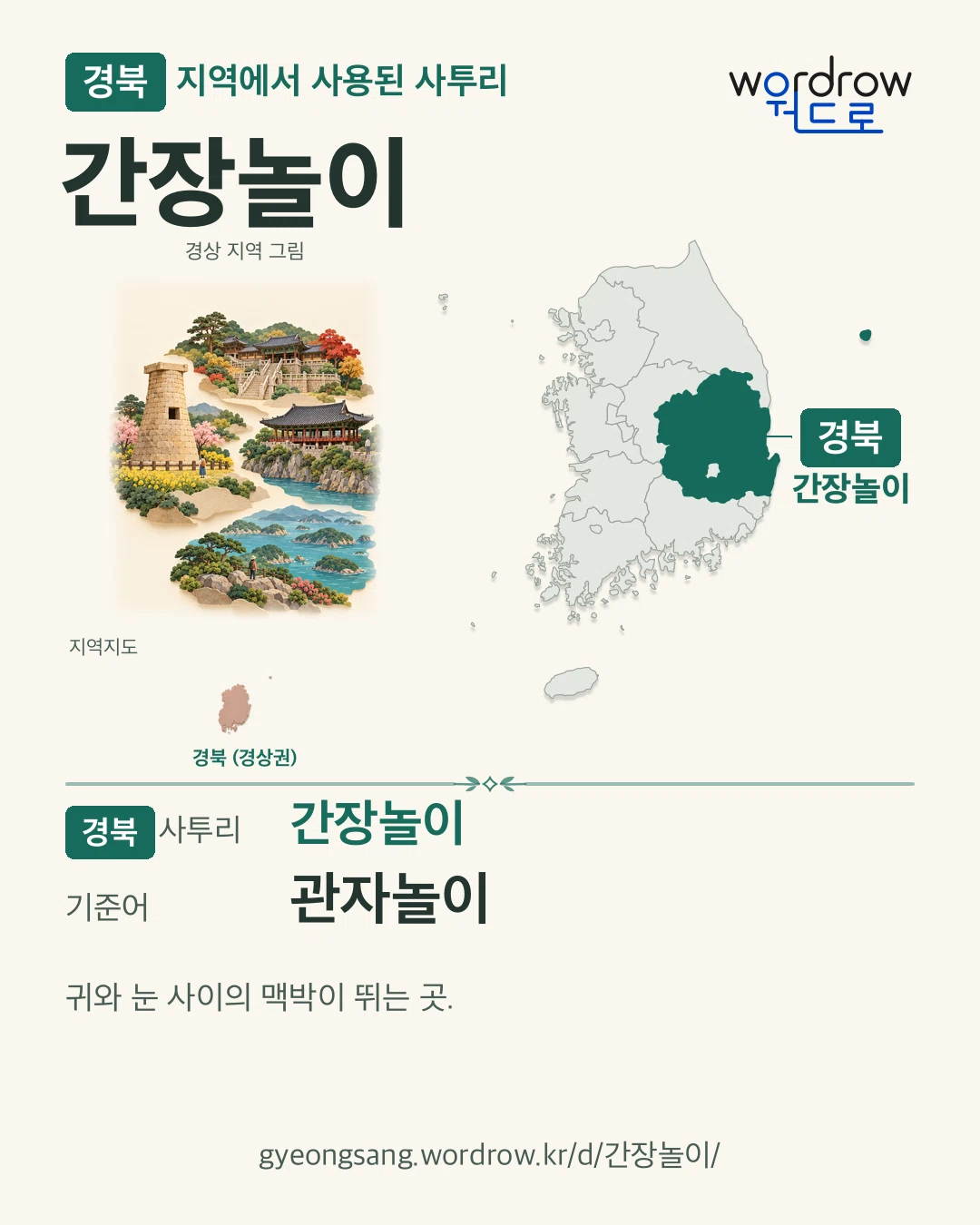 경북 지역에서 사용된 사투리 ‘간장놀이’. 기준어: 관자놀이. 기록 지역을 표시한 지역 그림과 지도 카드.