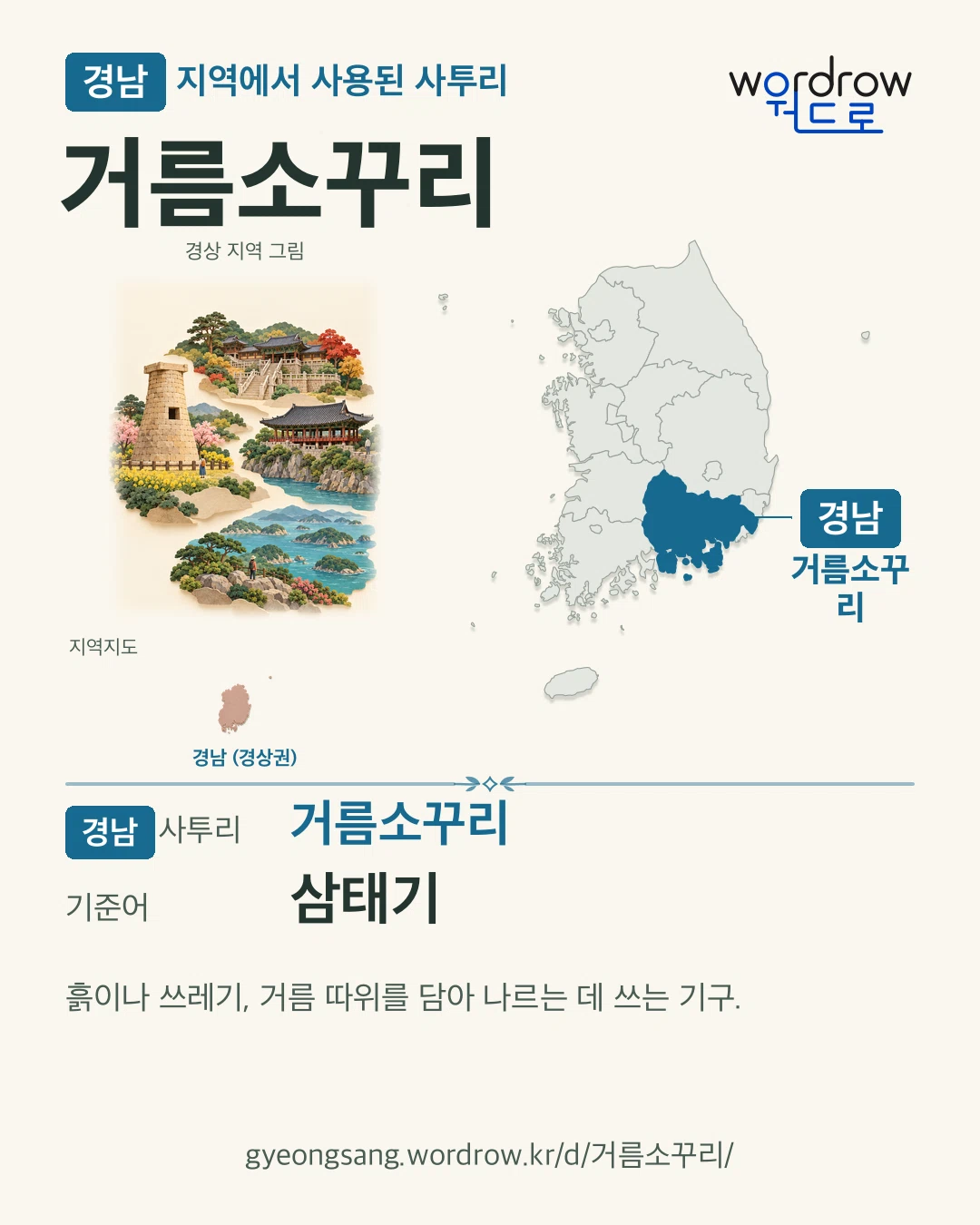 경남 지역에서 사용된 사투리 ‘거름소꾸리’. 기준어: 삼태기. 기록 지역을 표시한 지역 그림과 지도 카드.