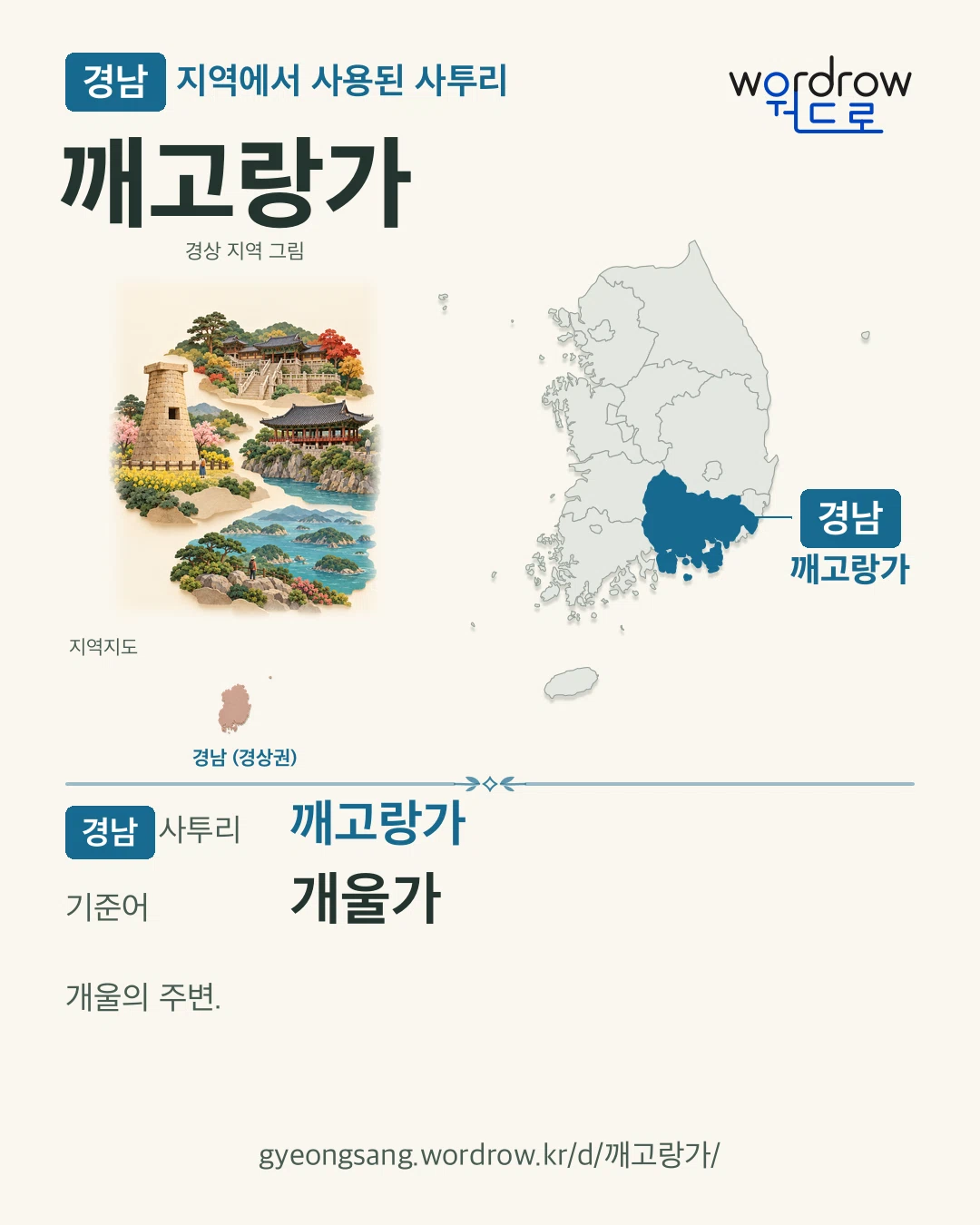 경남 지역에서 사용된 사투리 ‘깨고랑가’. 기준어: 개울가. 기록 지역을 표시한 지역 그림과 지도 카드.