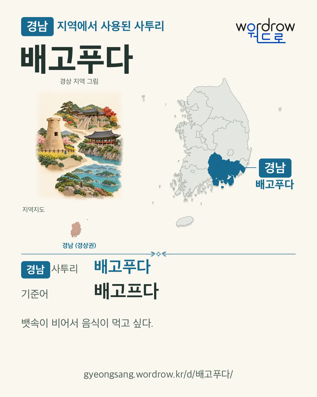 경남 지역에서 사용된 사투리 ‘배고푸다’. 기준어: 배고프다. 기록 지역을 표시한 지역 그림과 지도 카드.