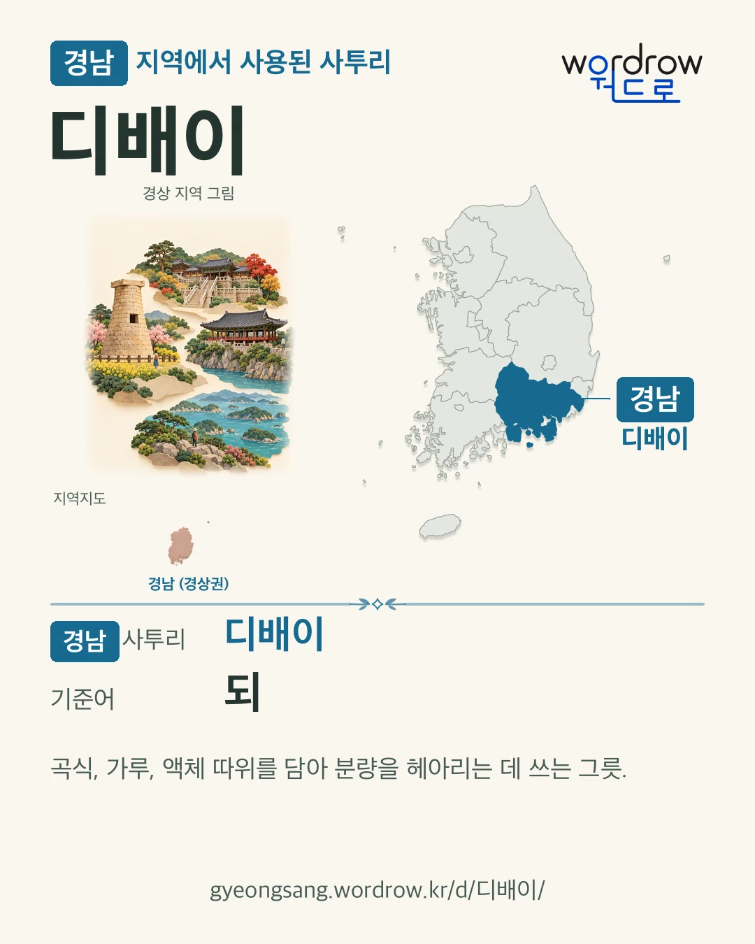 경남 지역에서 사용된 사투리 ‘디배이’. 기준어: 되. 기록 지역을 표시한 지역 그림과 지도 카드.