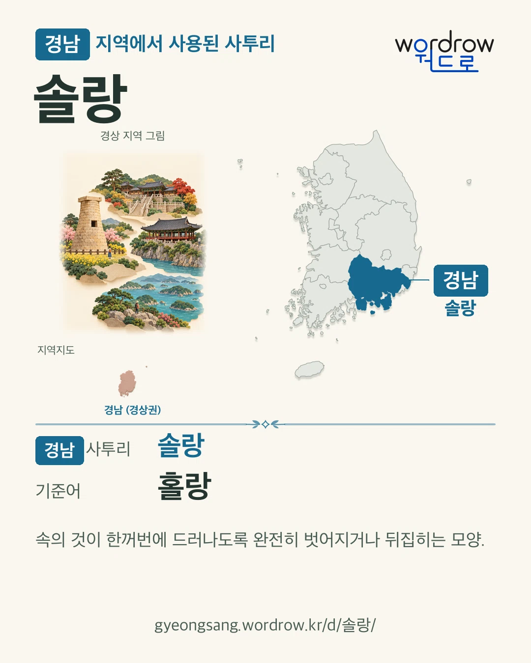 경남 지역에서 사용된 사투리 ‘솔랑’. 기준어: 홀랑. 기록 지역을 표시한 지역 그림과 지도 카드.