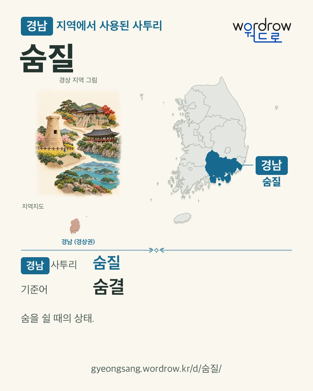 경남 지역에서 사용된 사투리 ‘숨질’. 기준어: 숨결. 기록 지역을 표시한 지역 그림과 지도 카드.