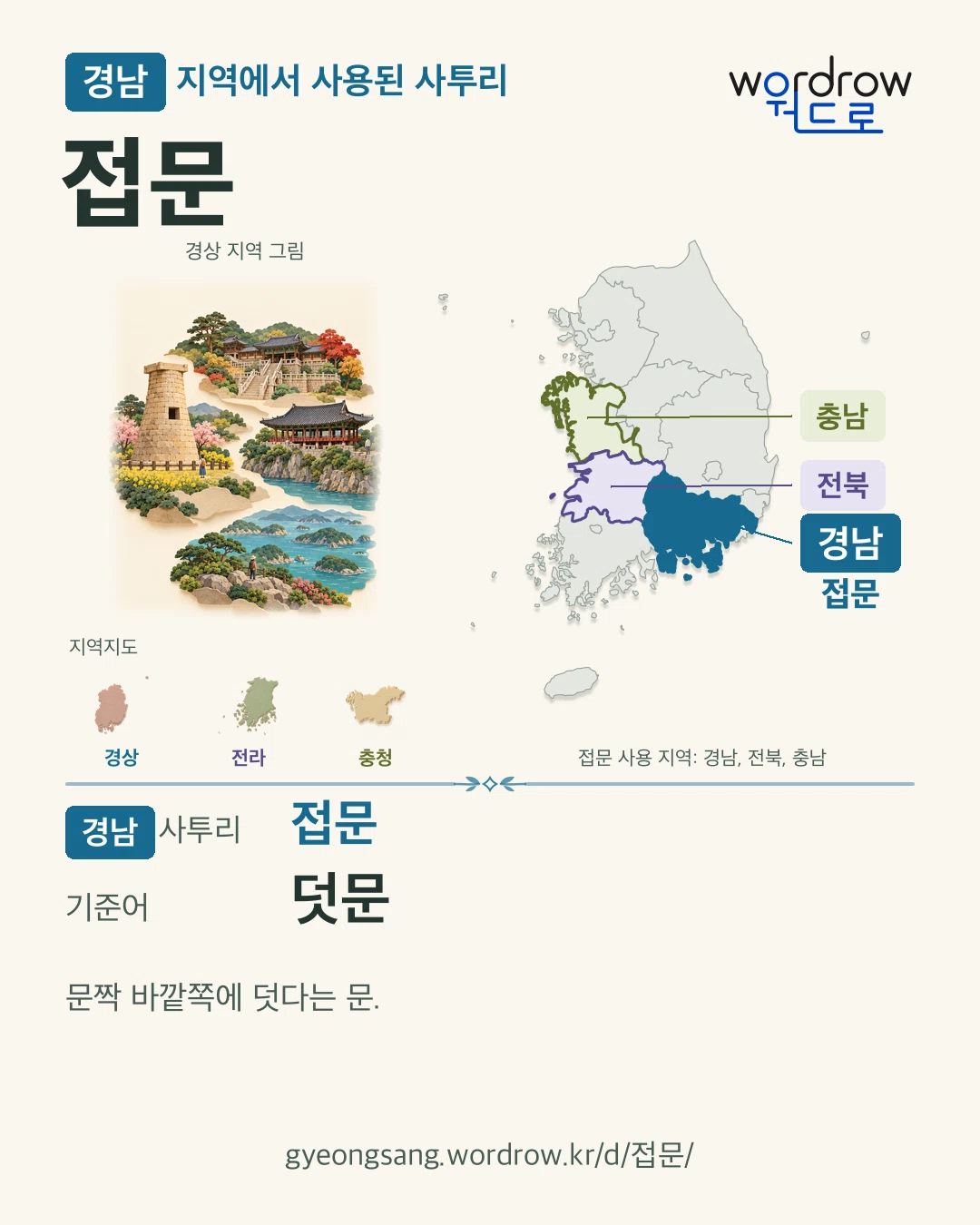 경남 지역에서 사용된 사투리 ‘접문’. 기준어: 덧문. 기록 지역을 표시한 지역 그림과 지도 카드.