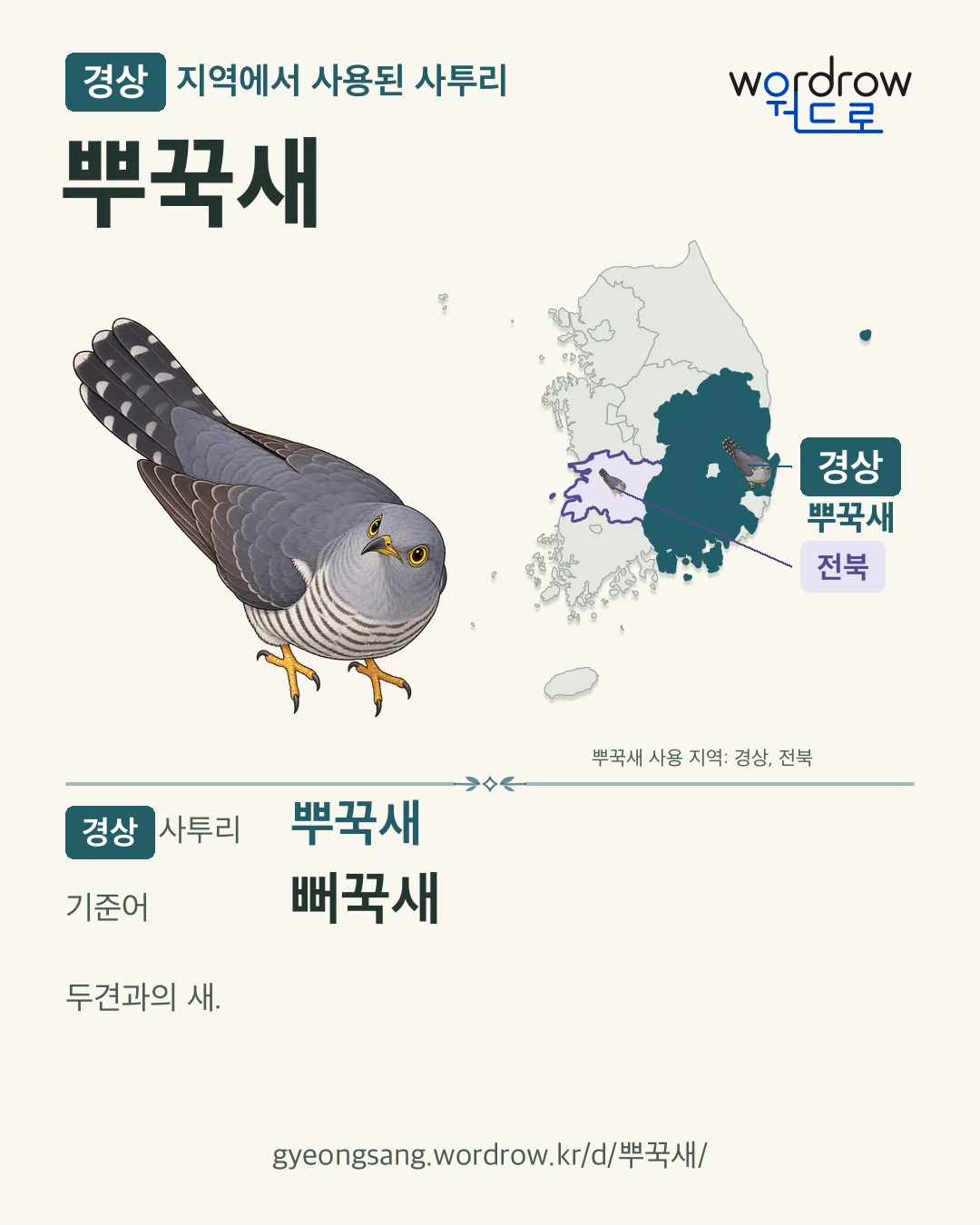 경상 지역에서 사용된 사투리 ‘뿌꾹새’. 기준어: 뻐꾹새. 기록 지역을 표시한 카툰 삽화와 지도 카드.