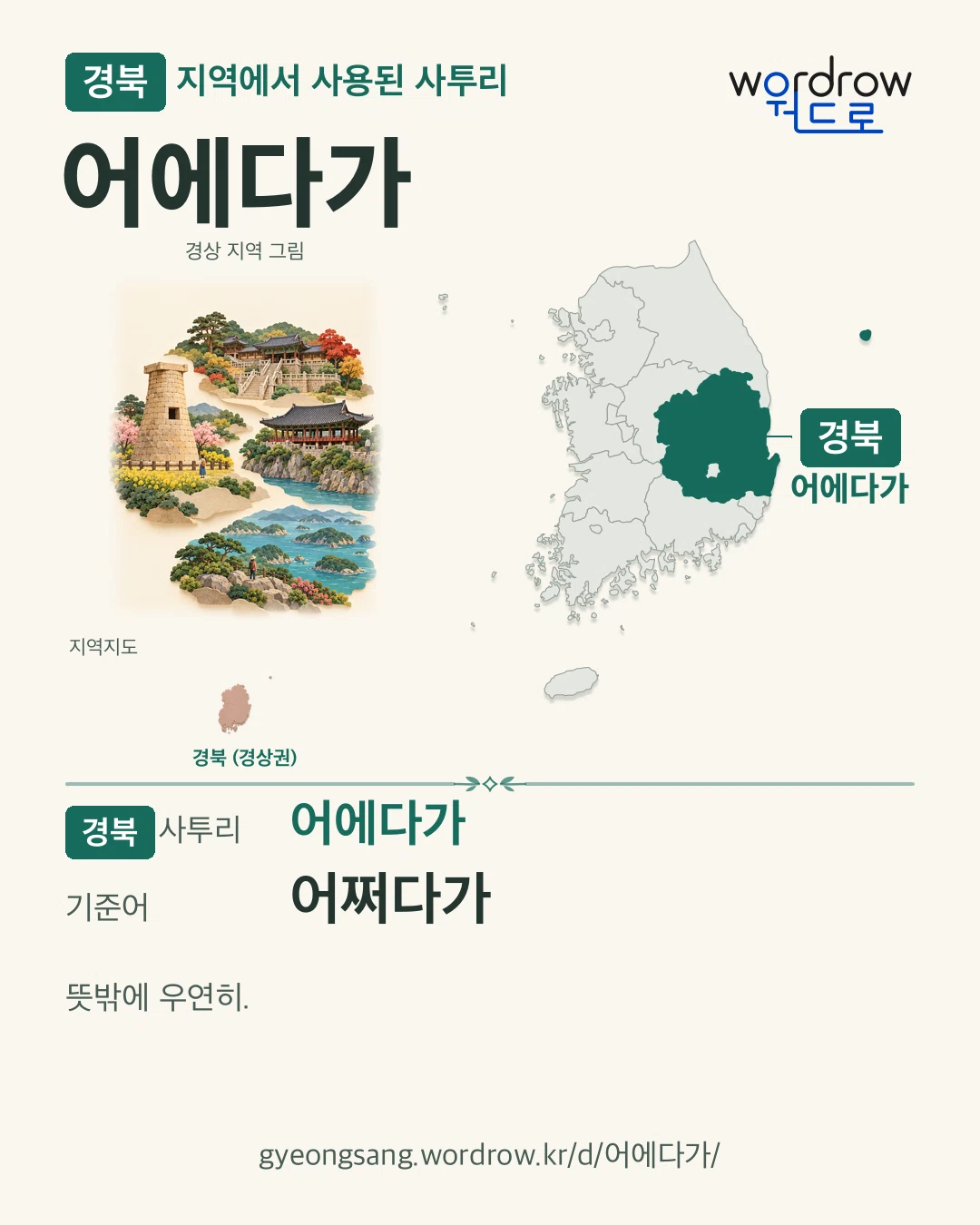 경북 지역에서 사용된 사투리 ‘어에다가’. 기준어: 어쩌다가. 기록 지역을 표시한 지역 그림과 지도 카드.