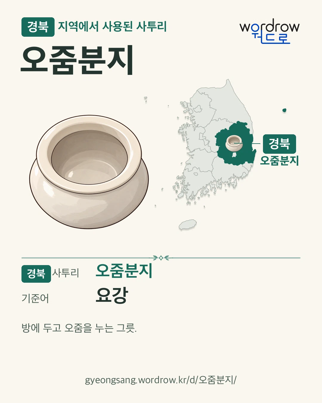 경북 지역에서 사용된 사투리 ‘오줌분지’. 기준어: 요강. 기록 지역을 표시한 카툰 삽화와 지도 카드.