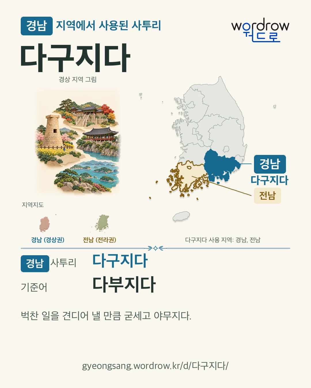 경남 지역에서 사용된 사투리 ‘다구지다’. 기준어: 다부지다. 기록 지역을 표시한 지역 그림과 지도 카드.