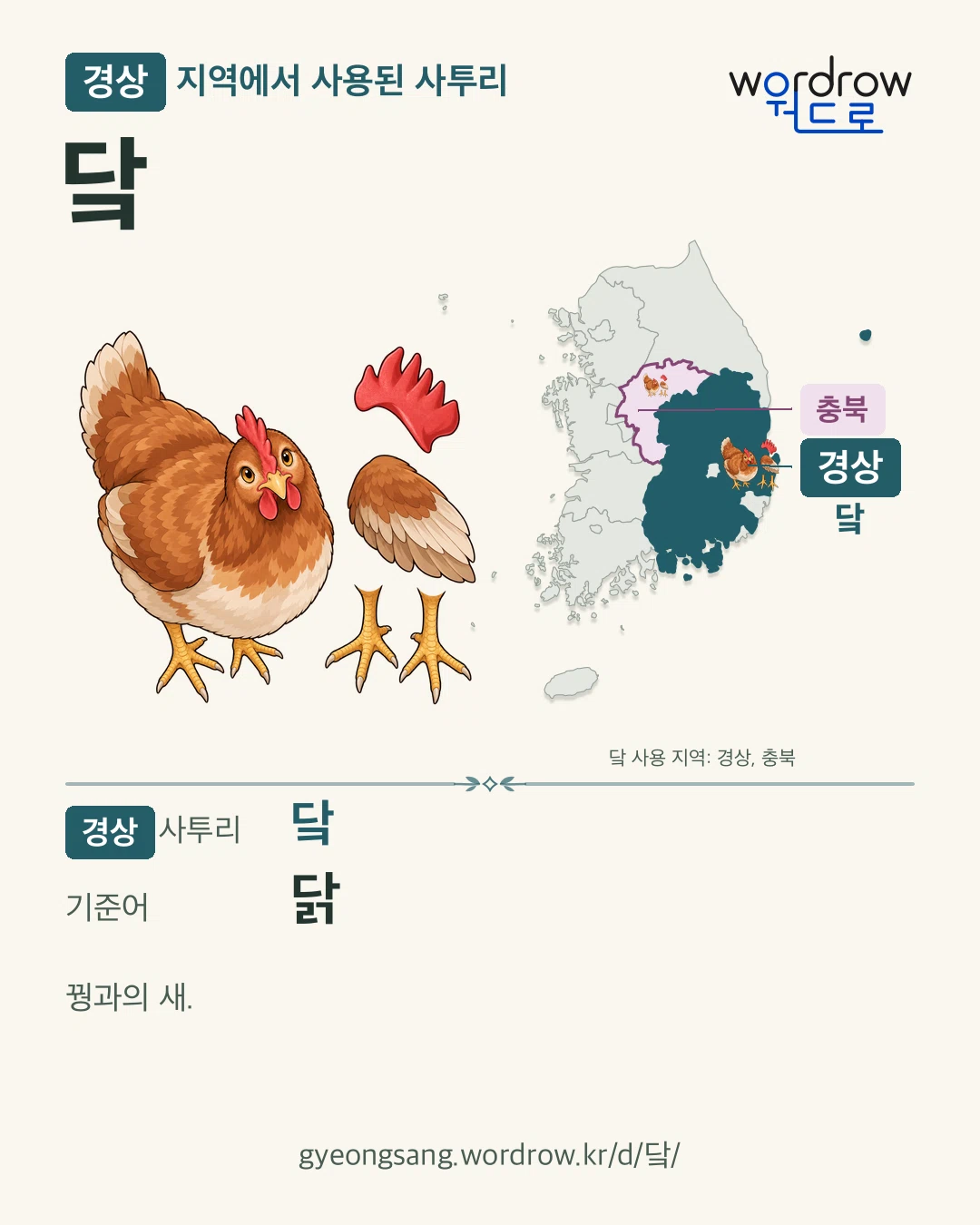 경상 지역에서 사용된 사투리 ‘닼’. 기준어: 닭. 기록 지역을 표시한 카툰 삽화와 지도 카드.