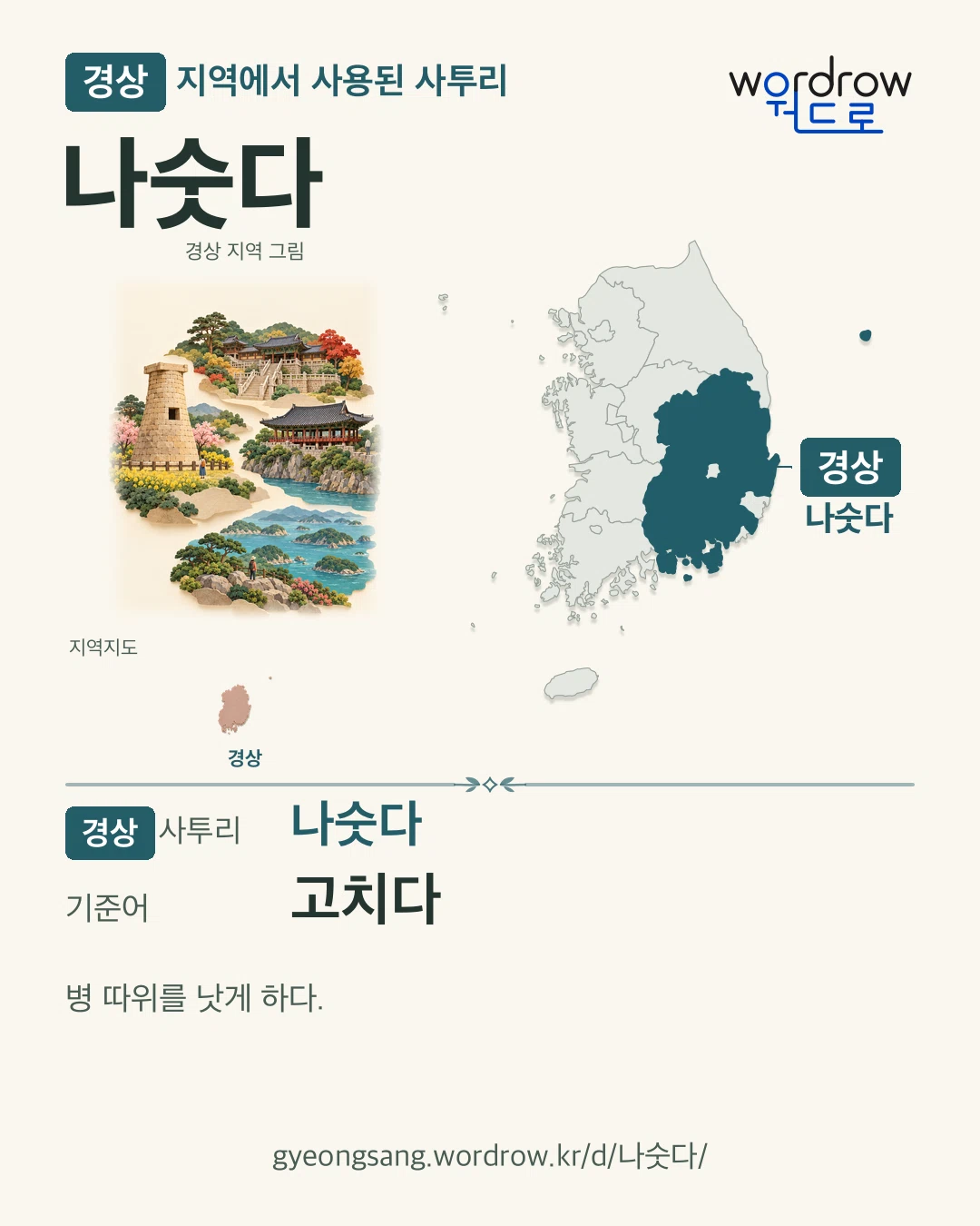 경상 지역에서 사용된 사투리 ‘나숫다’. 기준어: 고치다. 기록 지역을 표시한 지역 그림과 지도 카드.