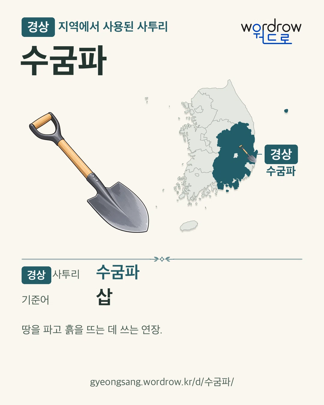 경상 지역에서 사용된 사투리 ‘수굼파’. 기준어: 삽. 기록 지역을 표시한 카툰 삽화와 지도 카드.