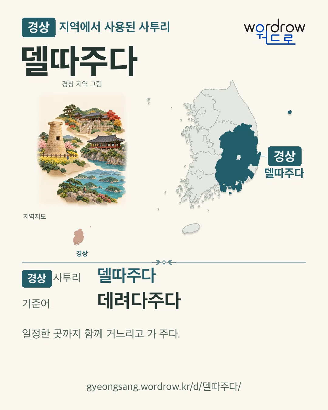 경상 지역에서 사용된 사투리 ‘델따주다’. 기준어: 데려다주다. 기록 지역을 표시한 지역 그림과 지도 카드.