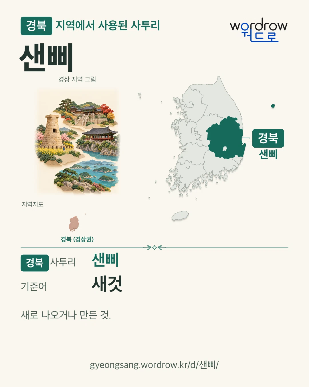 경북 지역에서 사용된 사투리 ‘샌삐’. 기준어: 새것. 기록 지역을 표시한 지역 그림과 지도 카드.