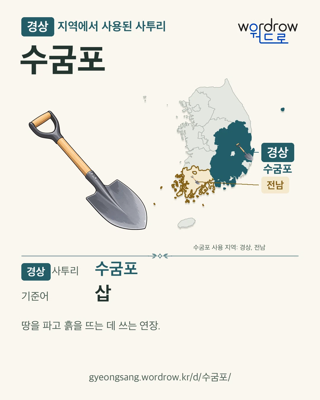 경상 지역에서 사용된 사투리 ‘수굼포’. 기준어: 삽. 기록 지역을 표시한 카툰 삽화와 지도 카드.