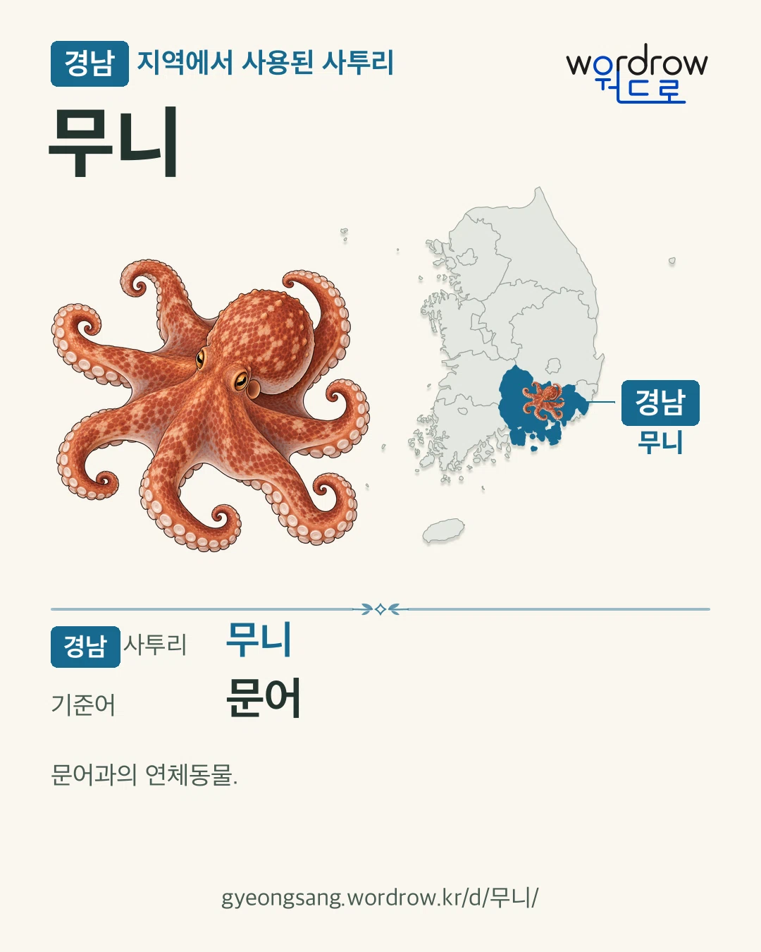 경남 지역에서 사용된 사투리 ‘무니’. 기준어: 문어. 기록 지역을 표시한 카툰 삽화와 지도 카드.