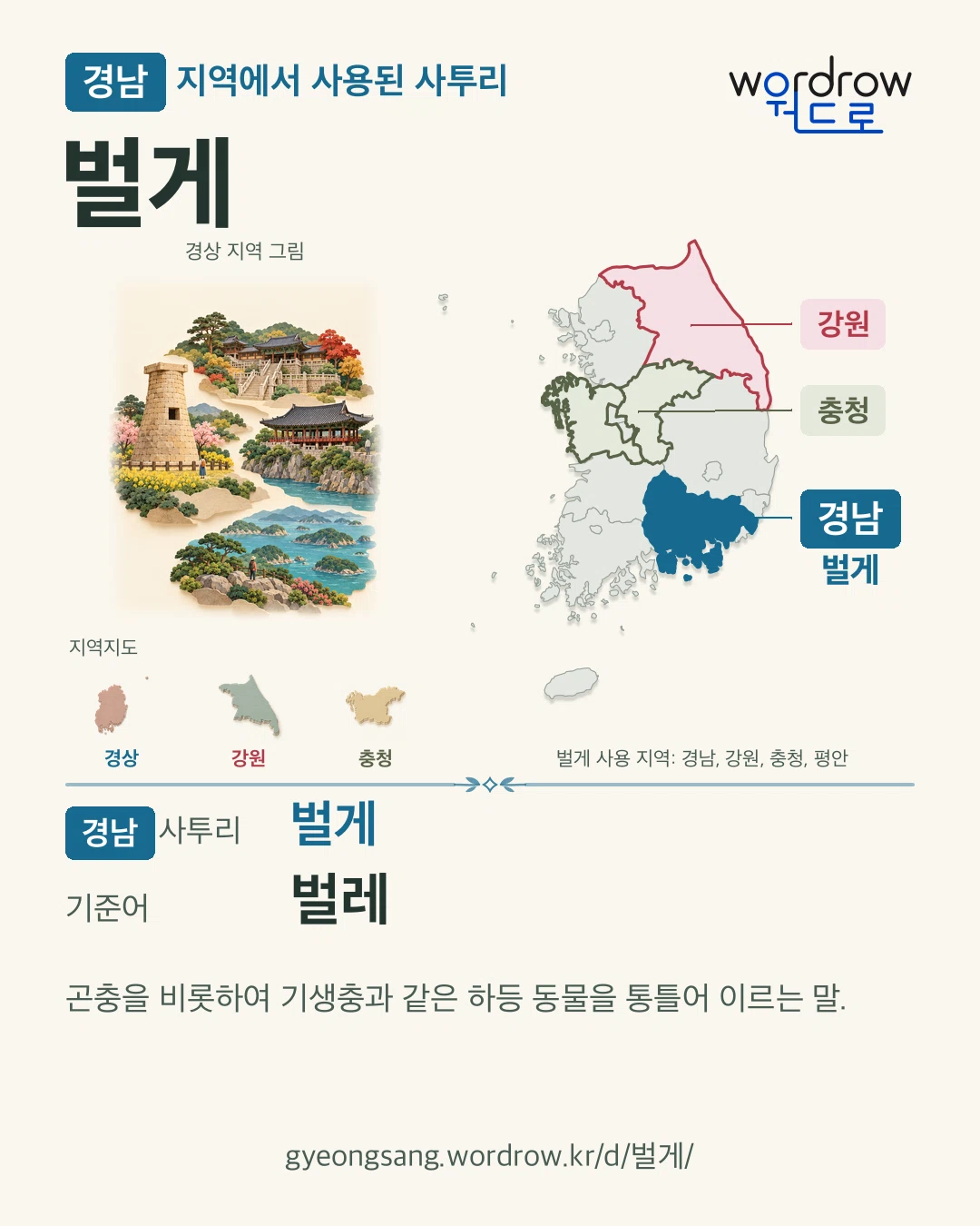 경남 지역에서 사용된 사투리 ‘벌게’. 기준어: 벌레. 기록 지역을 표시한 지역 그림과 지도 카드.