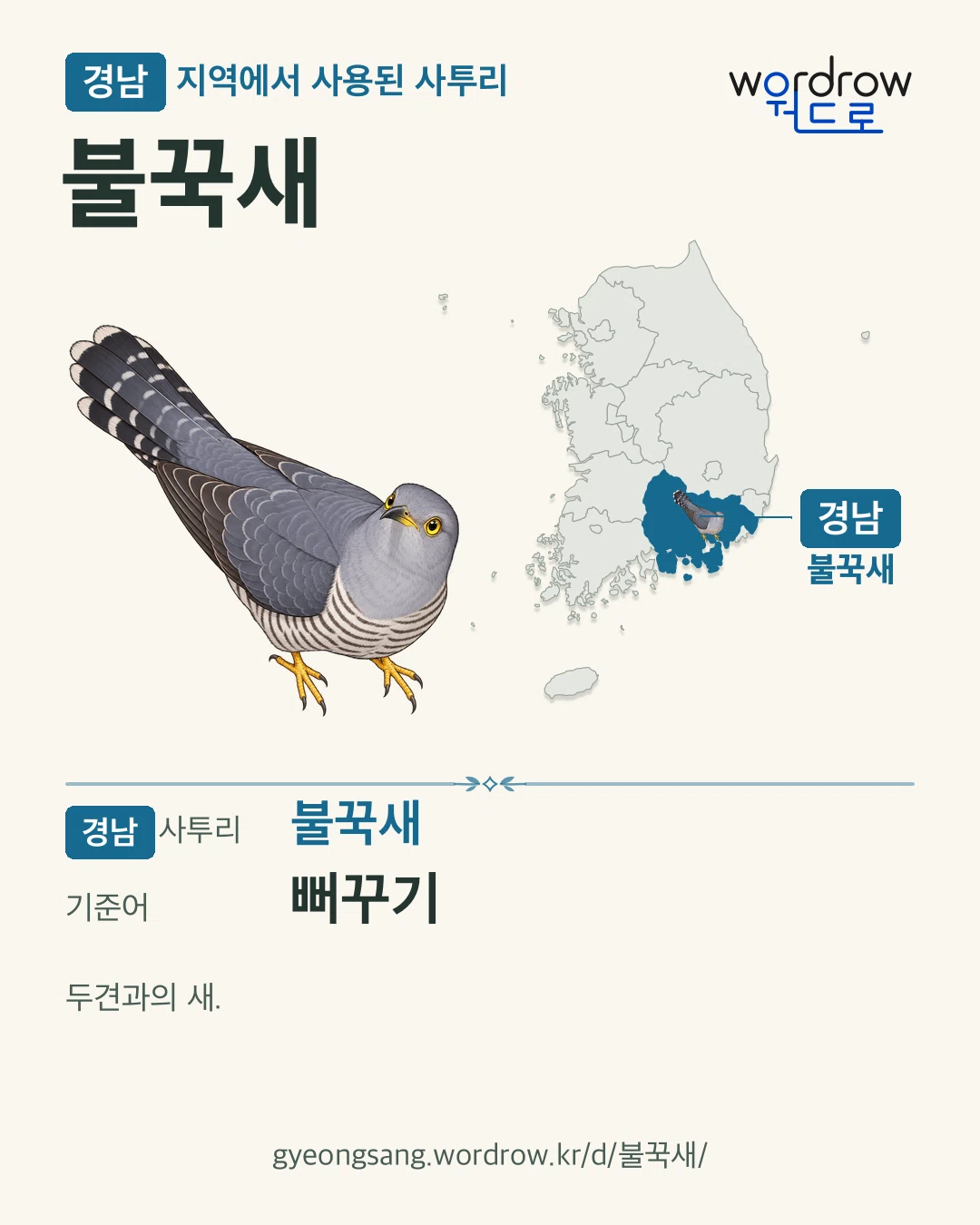 경남 지역에서 사용된 사투리 ‘불꾹새’. 기준어: 뻐꾸기. 기록 지역을 표시한 카툰 삽화와 지도 카드.