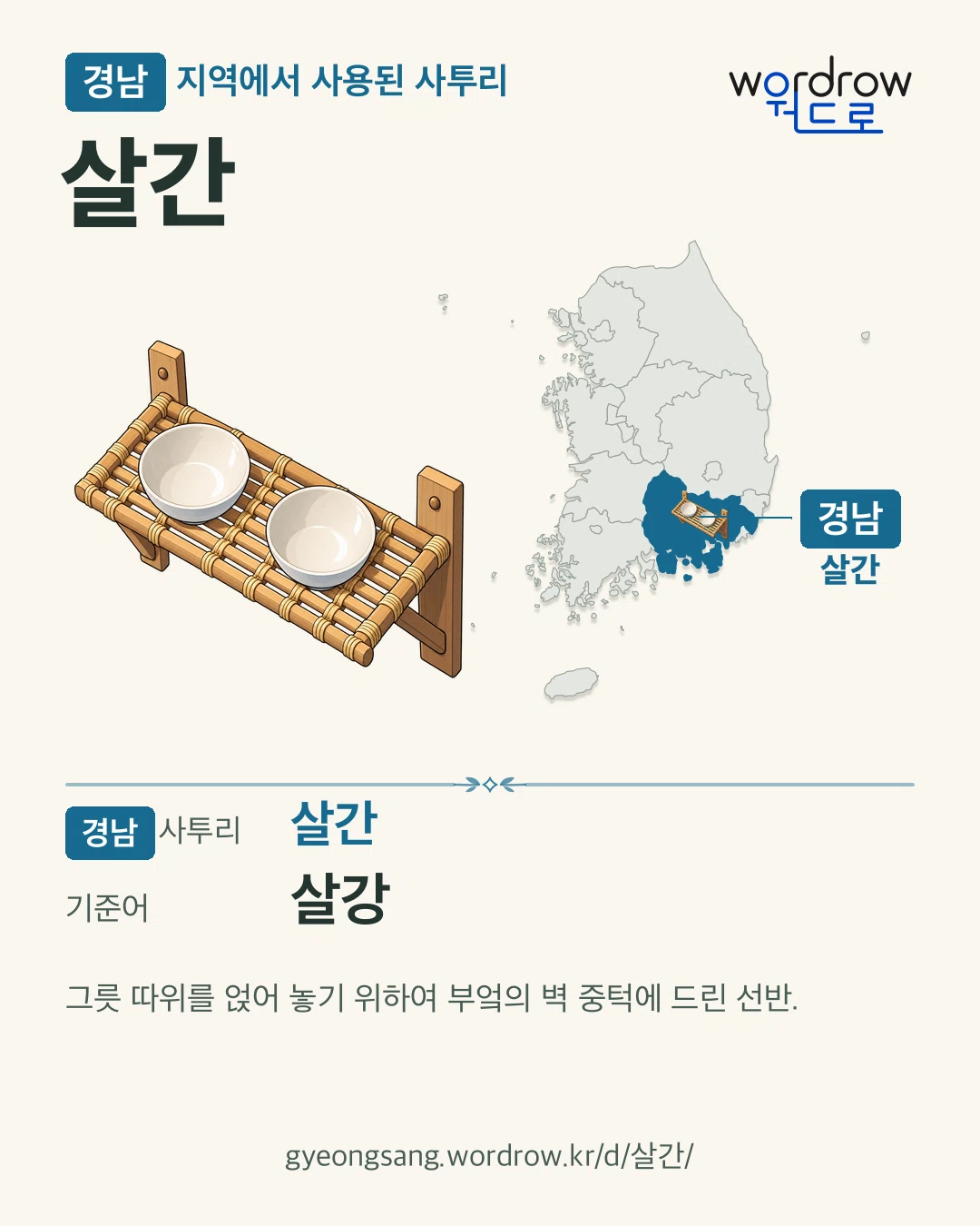 경남 지역에서 사용된 사투리 ‘살간’. 기준어: 살강. 기록 지역을 표시한 카툰 삽화와 지도 카드.