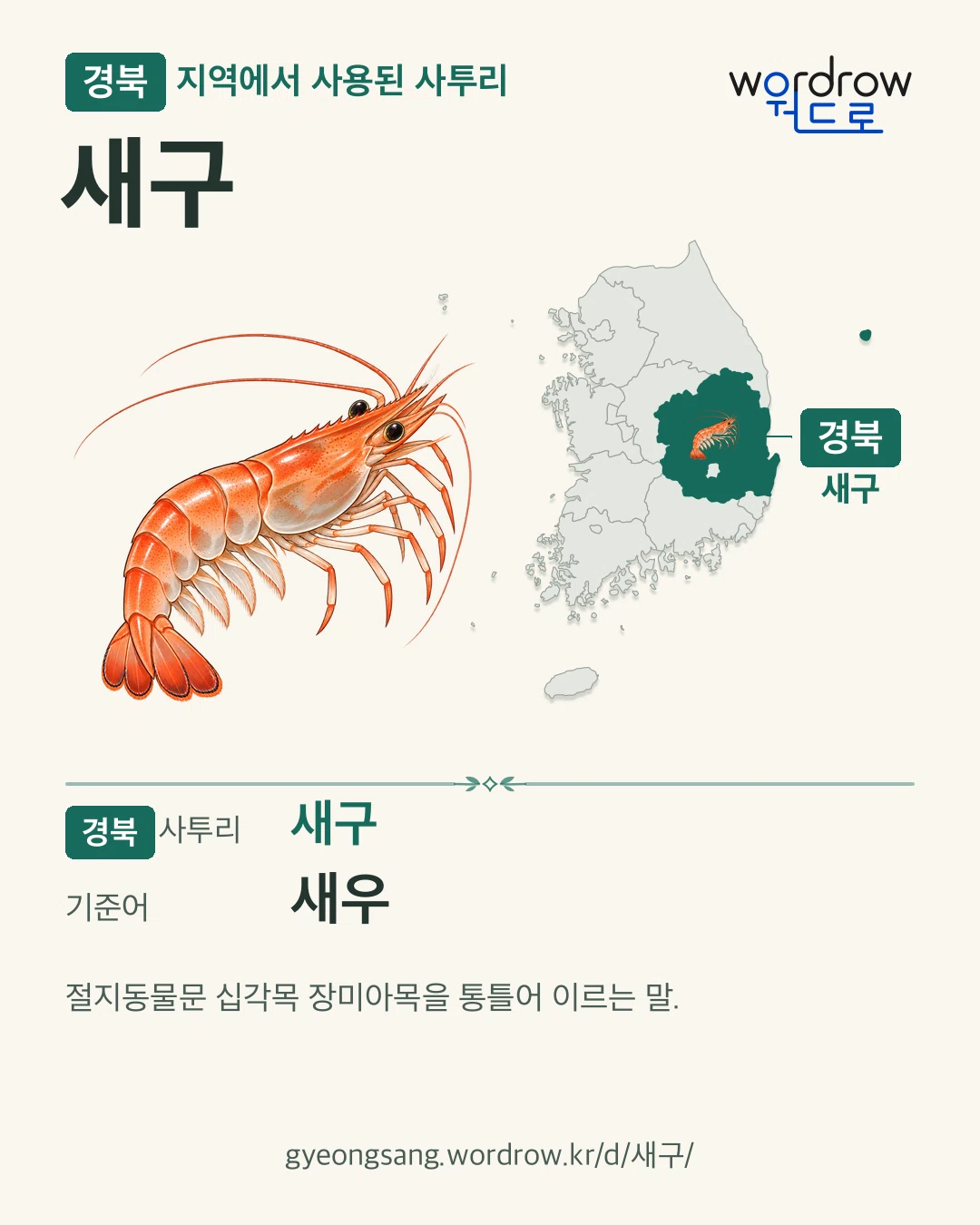 경북 지역에서 사용된 사투리 ‘새구’. 기준어: 새우. 기록 지역을 표시한 카툰 삽화와 지도 카드.