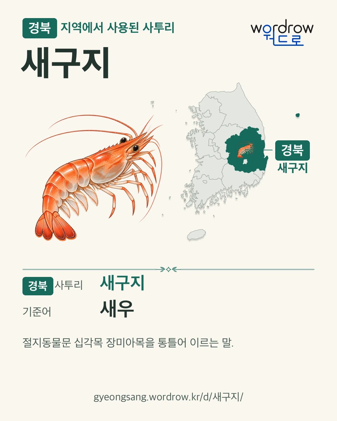 경북 지역에서 사용된 사투리 ‘새구지’. 기준어: 새우. 기록 지역을 표시한 카툰 삽화와 지도 카드.