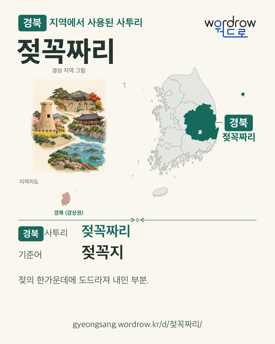 경북 지역에서 사용된 사투리 ‘젖꼭짜리’. 기준어: 젖꼭지. 기록 지역을 표시한 지역 그림과 지도 카드.