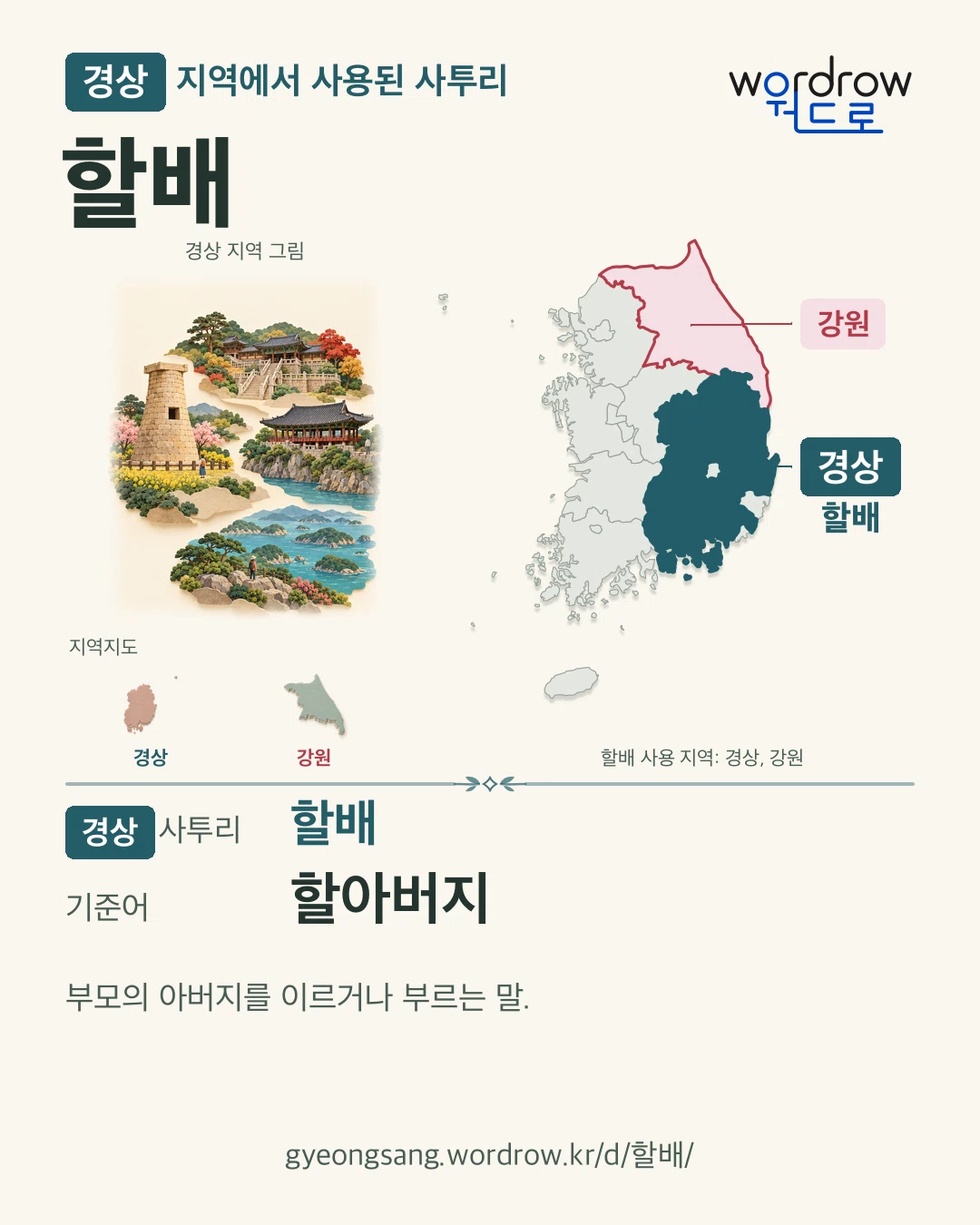경상 지역에서 사용된 사투리 ‘할배’. 기준어: 할아버지. 기록 지역을 표시한 지역 그림과 지도 카드.