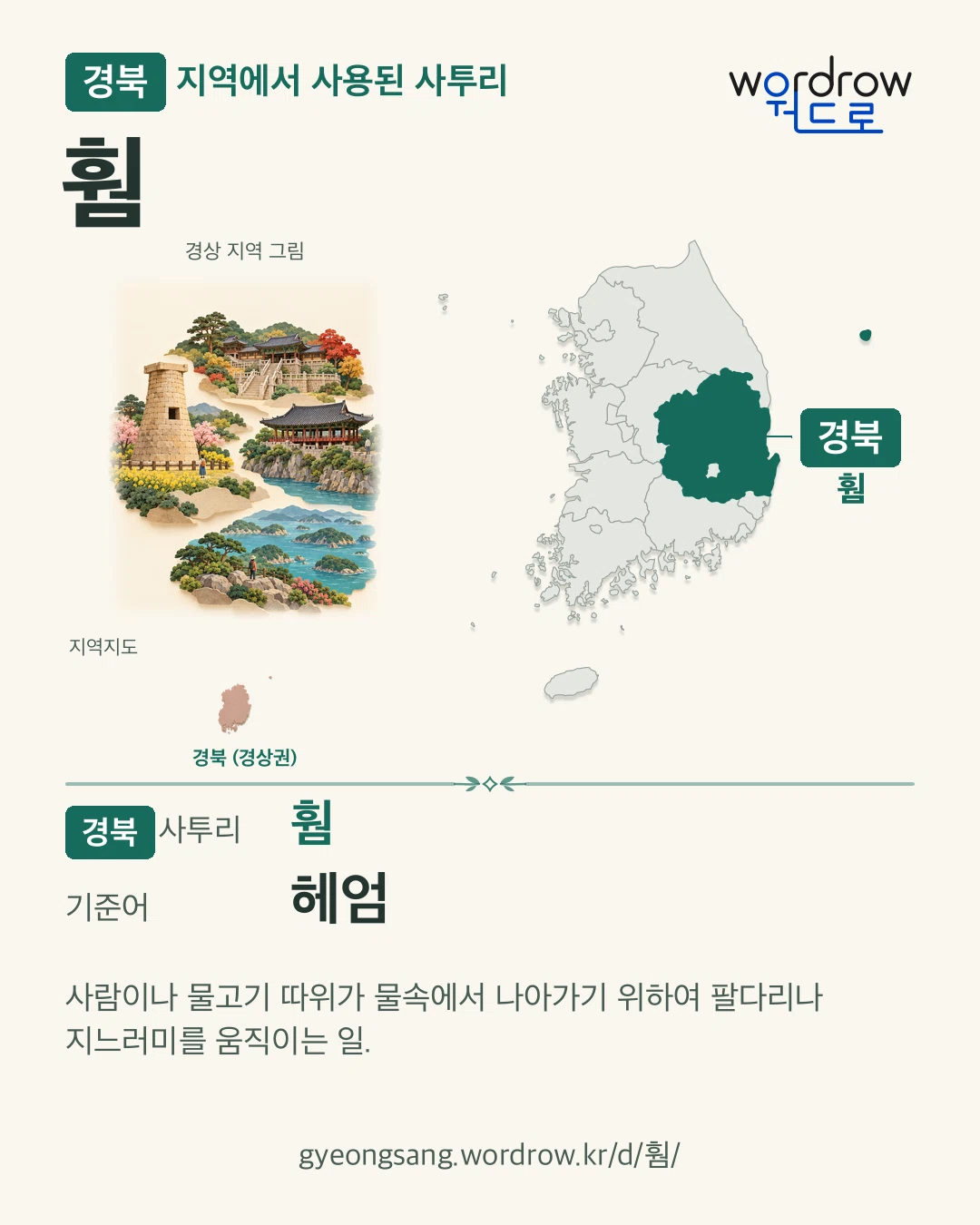 경북 지역에서 사용된 사투리 ‘훰’. 기준어: 헤엄. 기록 지역을 표시한 지역 그림과 지도 카드.