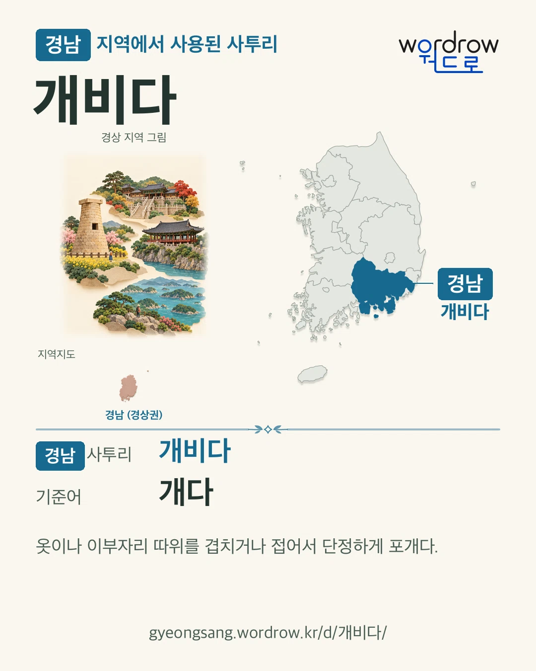 경남 지역에서 사용된 사투리 ‘개비다’. 기준어: 개다. 기록 지역을 표시한 지역 그림과 지도 카드.