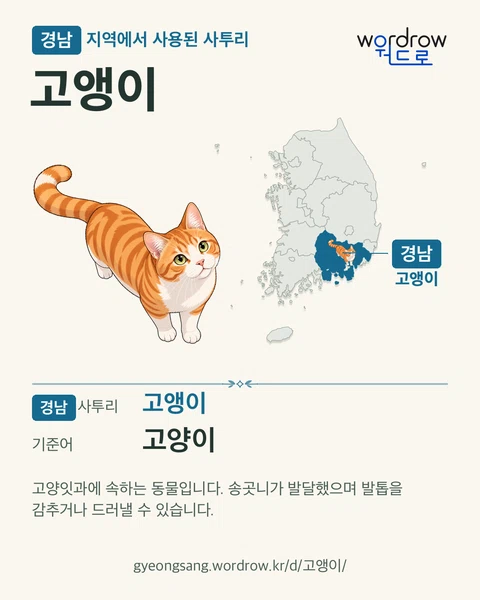 경남 지역에서 사용된 사투리 ‘고앵이’. 기준어: 고양이. 기록 지역을 표시한 카툰 삽화와 지도 카드.