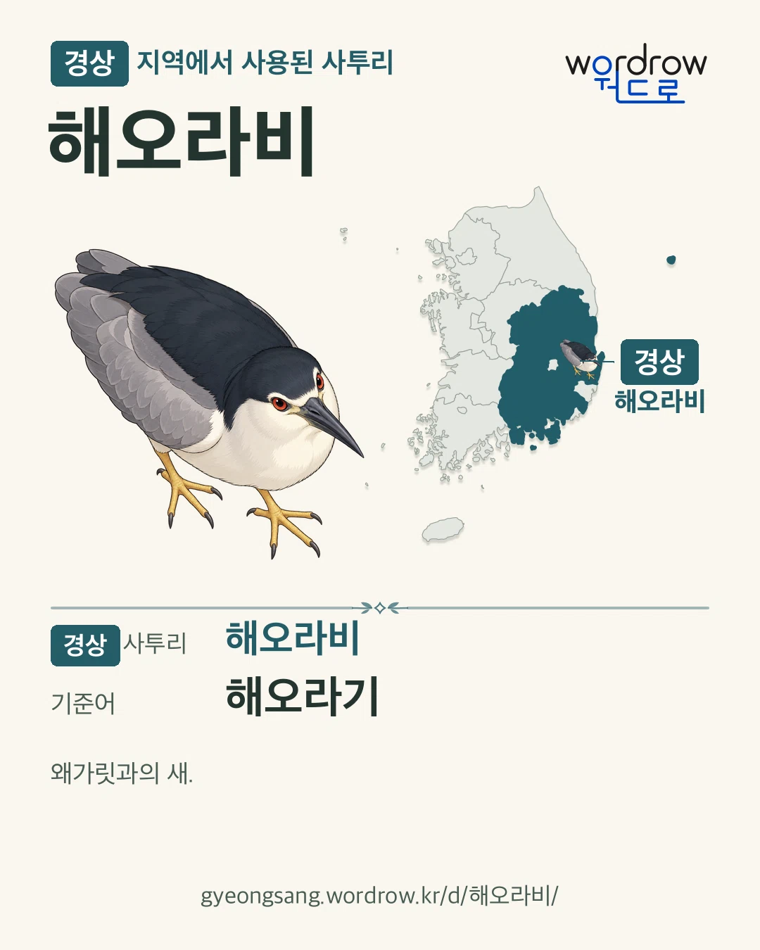 경상 지역에서 사용된 사투리 ‘해오라비’. 기준어: 해오라기. 기록 지역을 표시한 카툰 삽화와 지도 카드.