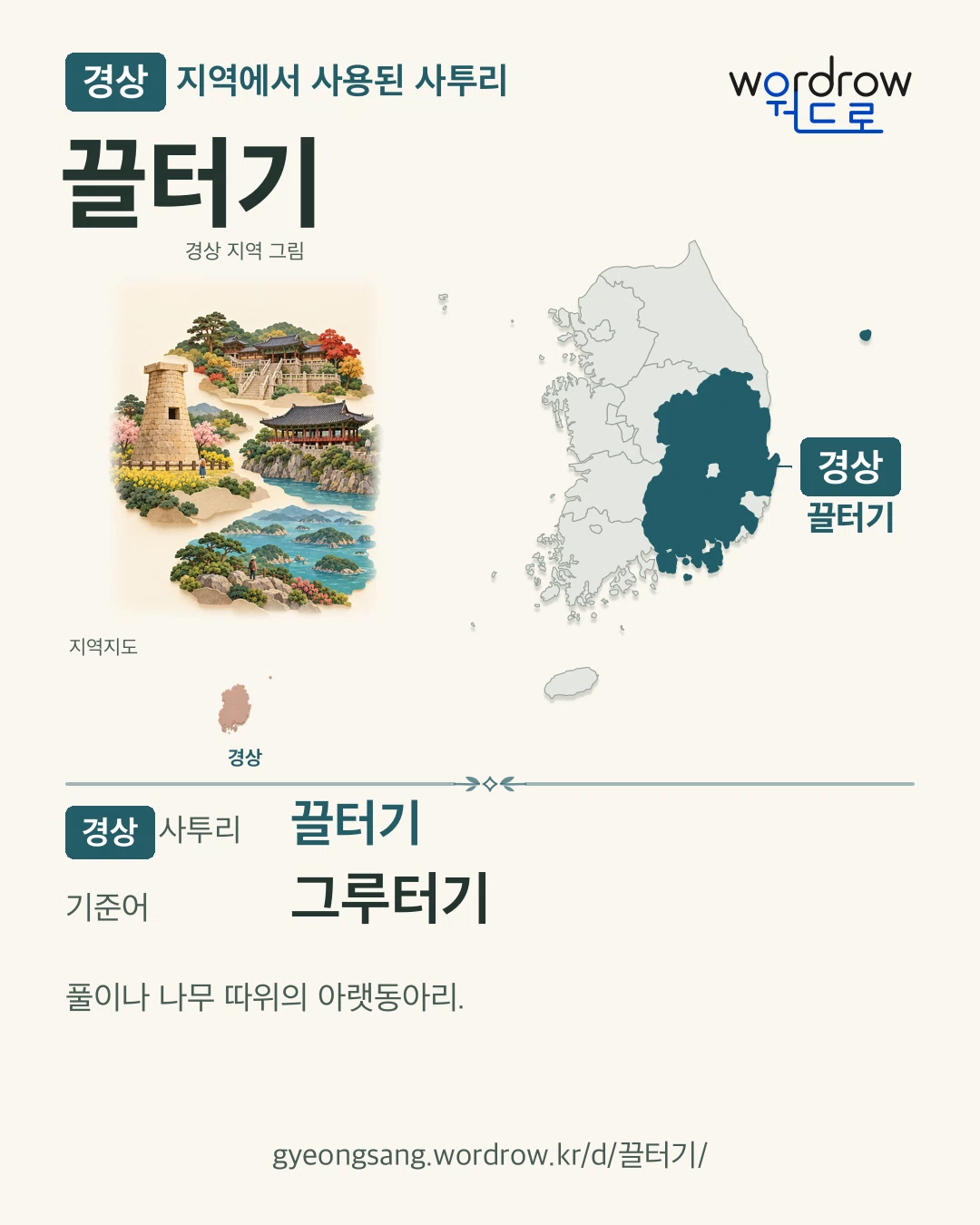 경상 지역에서 사용된 사투리 ‘끌터기’. 기준어: 그루터기. 기록 지역을 표시한 지역 그림과 지도 카드.