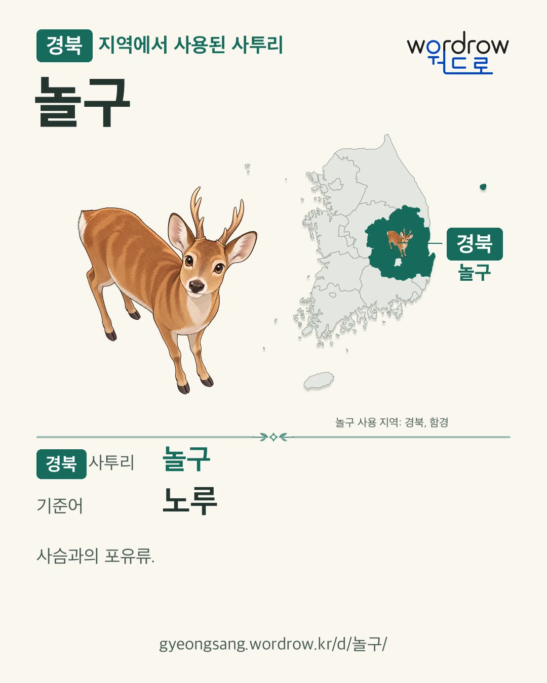 경북 지역에서 사용된 사투리 ‘놀구’. 기준어: 노루. 기록 지역을 표시한 카툰 삽화와 지도 카드.