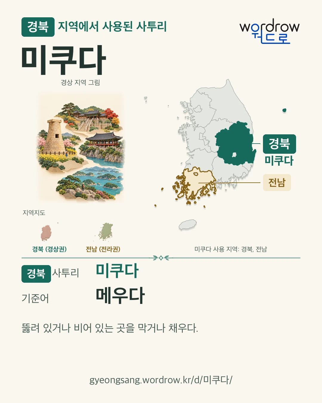 경북 지역에서 사용된 사투리 ‘미쿠다’. 기준어: 메우다. 기록 지역을 표시한 지역 그림과 지도 카드.
