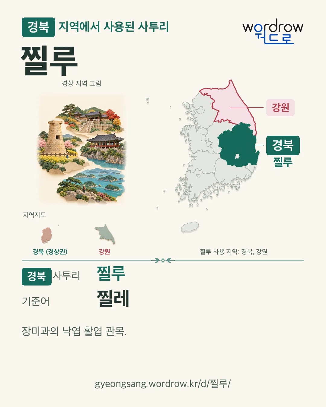 경북 지역에서 사용된 사투리 ‘찔루’. 기준어: 찔레. 기록 지역을 표시한 지역 그림과 지도 카드.