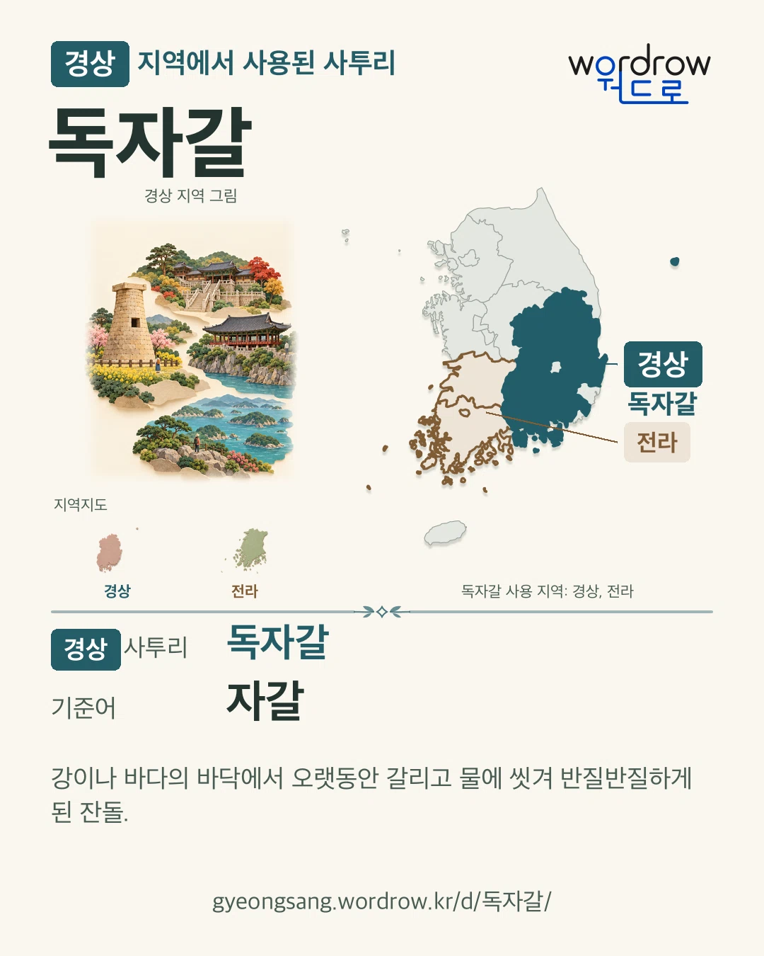 경상 지역에서 사용된 사투리 ‘독자갈’. 기준어: 자갈. 기록 지역을 표시한 지역 그림과 지도 카드.