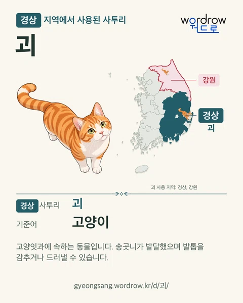경상 지역에서 사용된 사투리 ‘괴’. 기준어: 고양이. 기록 지역을 표시한 카툰 삽화와 지도 카드.