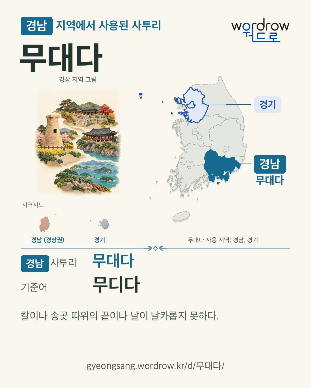 경남 지역에서 사용된 사투리 ‘무대다’. 기준어: 무디다. 기록 지역을 표시한 지역 그림과 지도 카드.