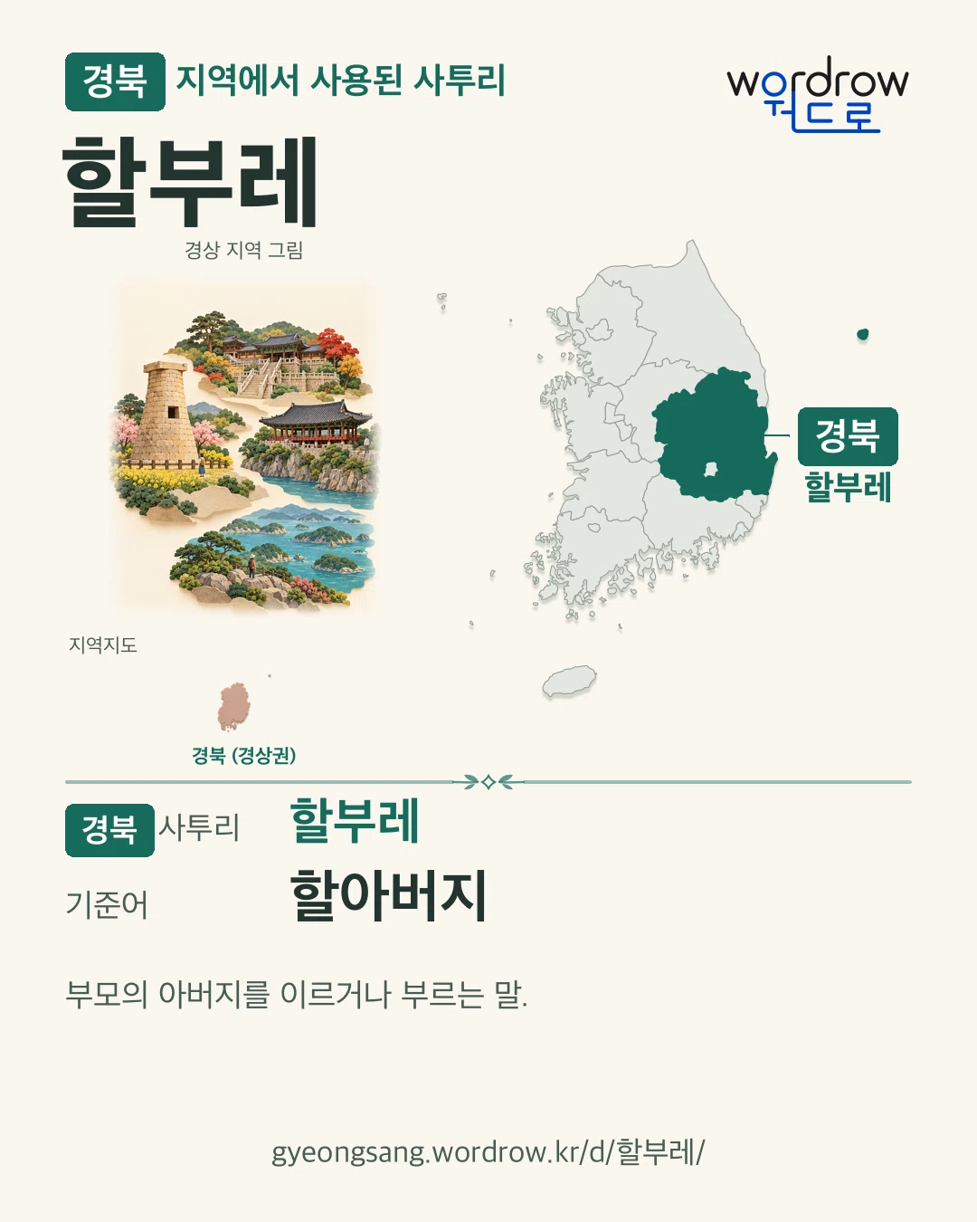 경북 지역에서 사용된 사투리 ‘할부레’. 기준어: 할아버지. 기록 지역을 표시한 지역 그림과 지도 카드.