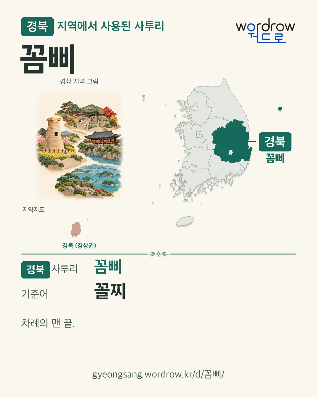 경북 지역에서 사용된 사투리 ‘꼼삐’. 기준어: 꼴찌. 기록 지역을 표시한 지역 그림과 지도 카드.
