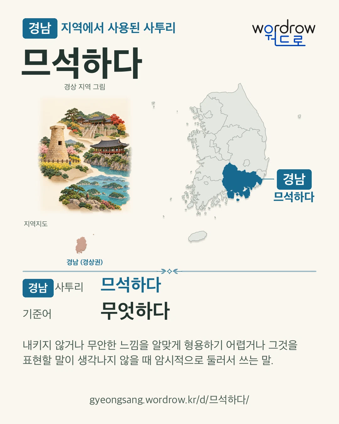 경남 지역에서 사용된 사투리 ‘므석하다’. 기준어: 무엇하다. 기록 지역을 표시한 지역 그림과 지도 카드.