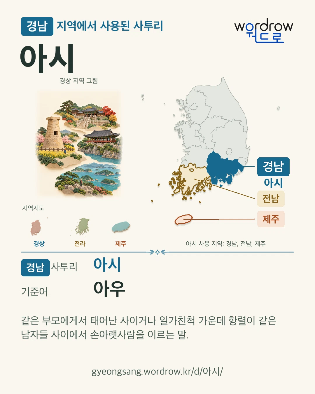 경남 지역에서 사용된 사투리 ‘아시’. 기준어: 아우. 기록 지역을 표시한 지역 그림과 지도 카드.
