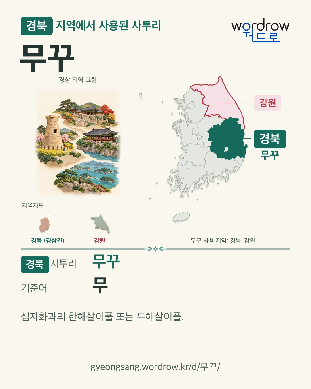 경북 지역에서 사용된 사투리 ‘무꾸’. 기준어: 무. 기록 지역을 표시한 지역 그림과 지도 카드.