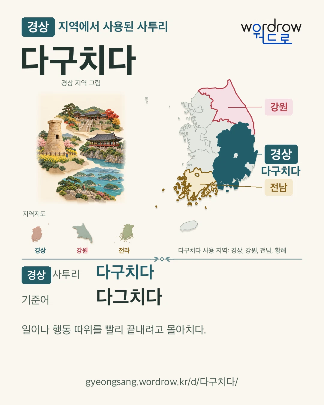 경상 지역에서 사용된 사투리 ‘다구치다’. 기준어: 다그치다. 기록 지역을 표시한 지역 그림과 지도 카드.