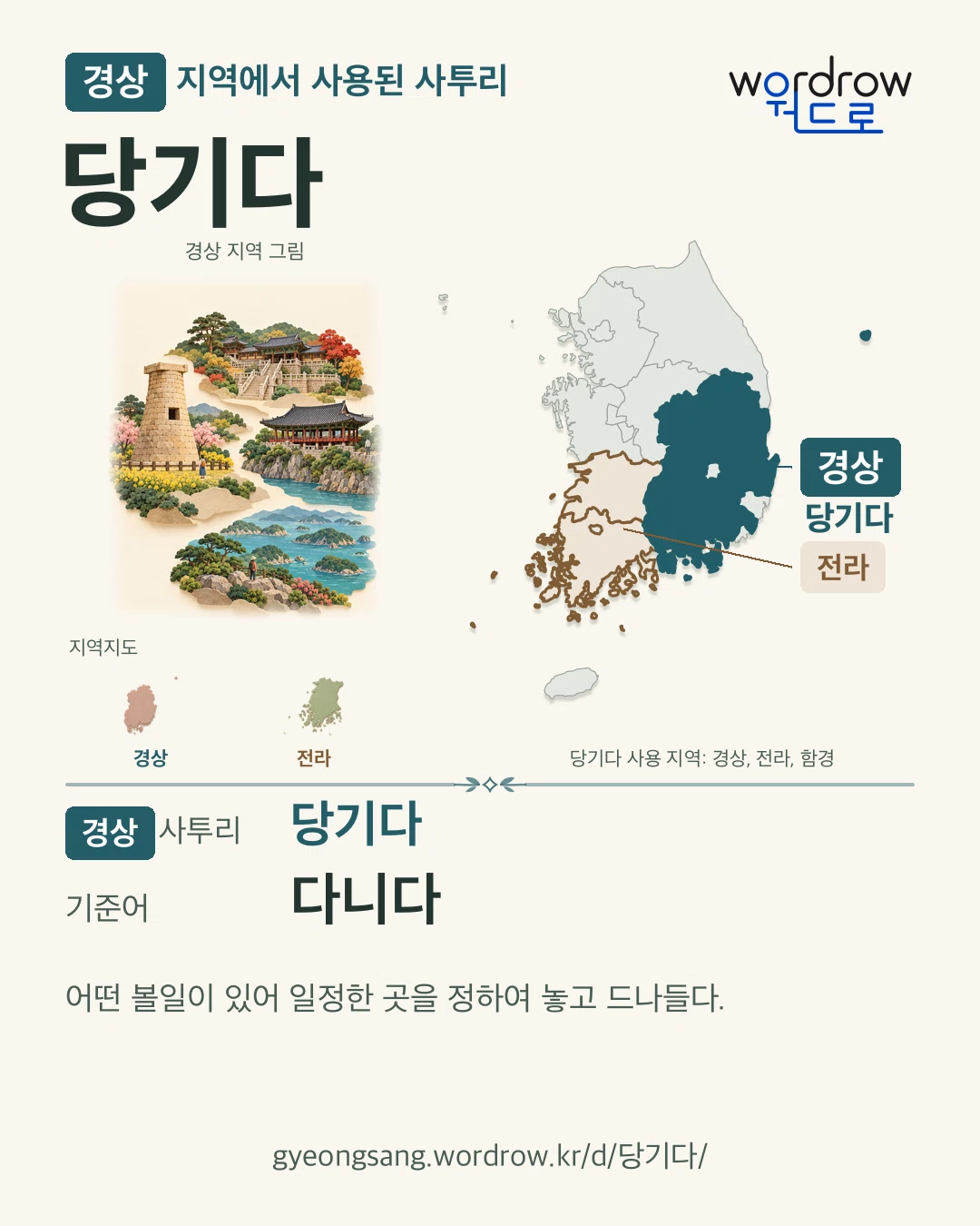 경상 지역에서 사용된 사투리 ‘당기다’. 기준어: 다니다. 기록 지역을 표시한 지역 그림과 지도 카드.