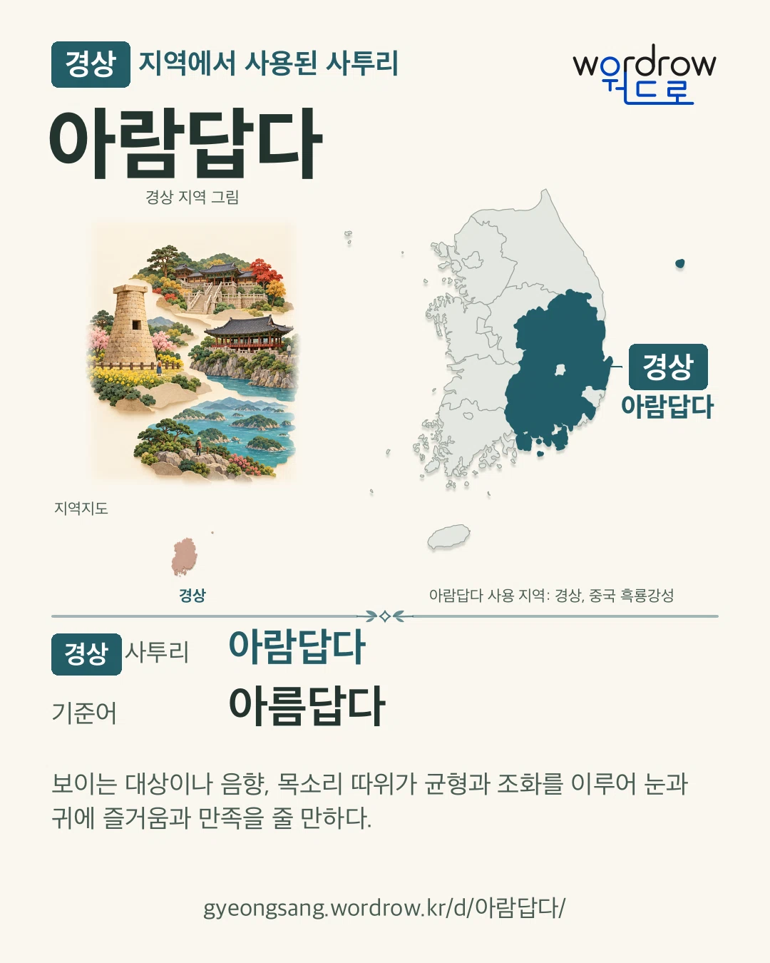 경상 지역에서 사용된 사투리 ‘아람답다’. 기준어: 아름답다. 기록 지역을 표시한 지역 그림과 지도 카드.