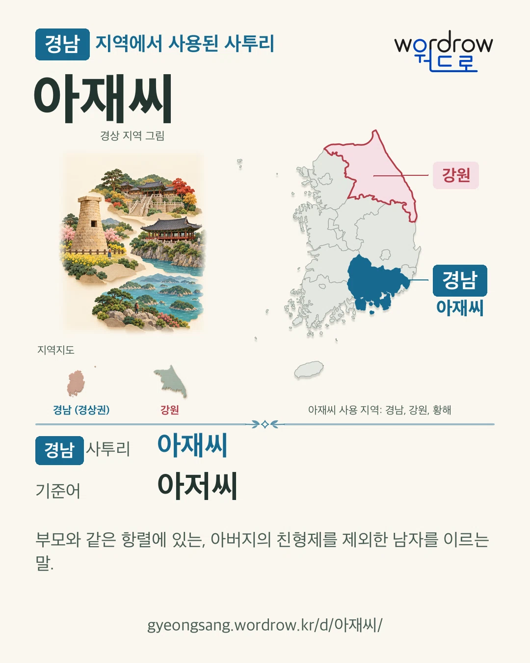 경남 지역에서 사용된 사투리 ‘아재씨’. 기준어: 아저씨. 기록 지역을 표시한 지역 그림과 지도 카드.