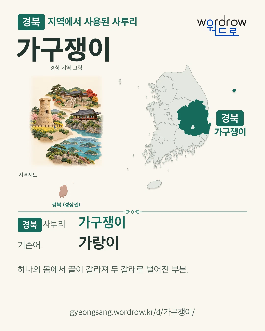 경북 지역에서 사용된 사투리 ‘가구쟁이’. 기준어: 가랑이. 기록 지역을 표시한 지역 그림과 지도 카드.