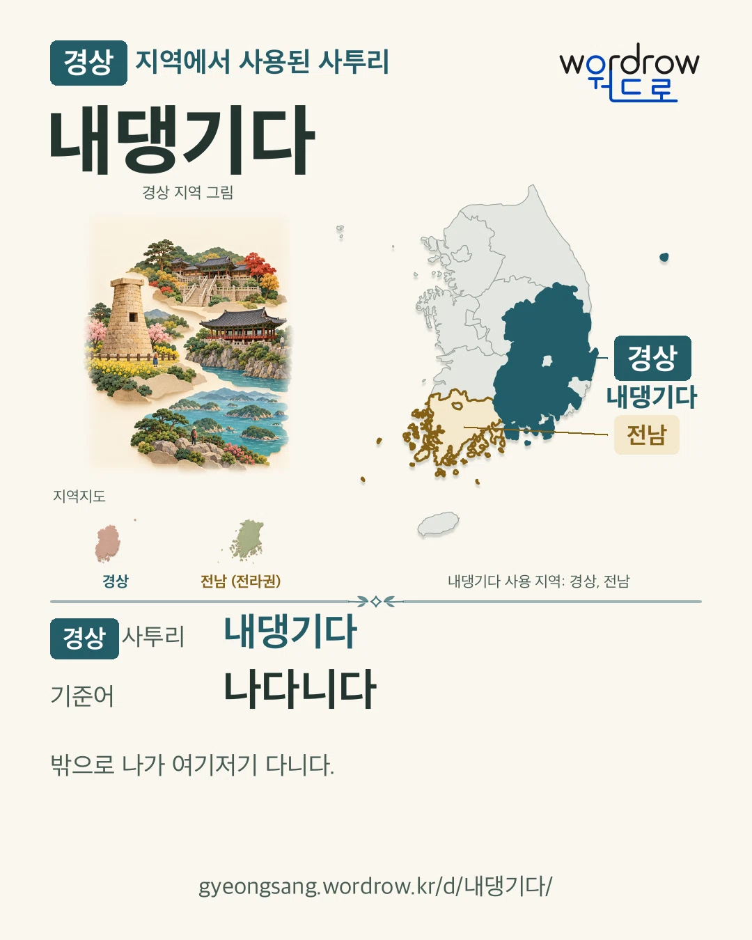 경상 지역에서 사용된 사투리 ‘내댕기다’. 기준어: 나다니다. 기록 지역을 표시한 지역 그림과 지도 카드.