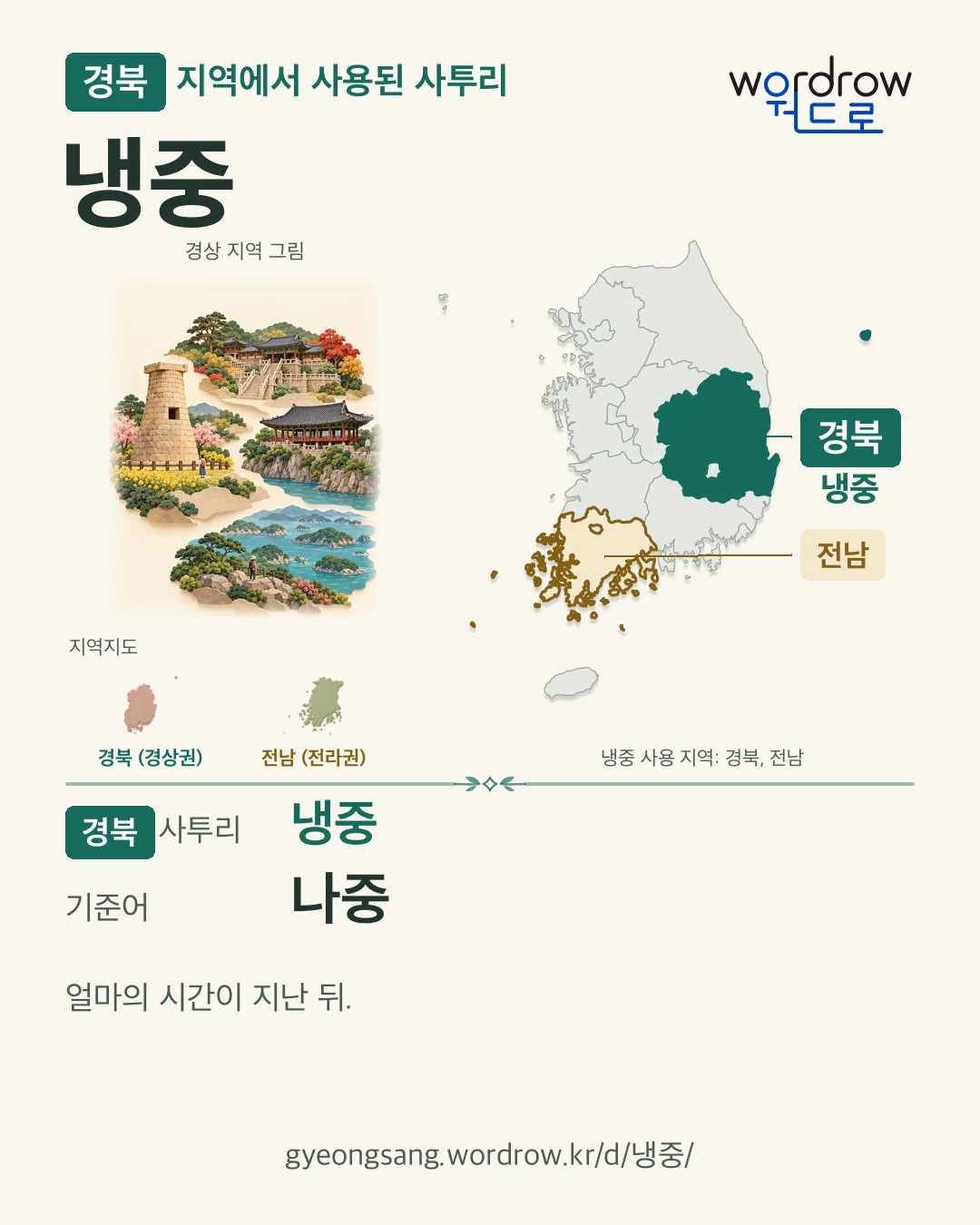 경북 지역에서 사용된 사투리 ‘냉중’. 기준어: 나중. 기록 지역을 표시한 지역 그림과 지도 카드.