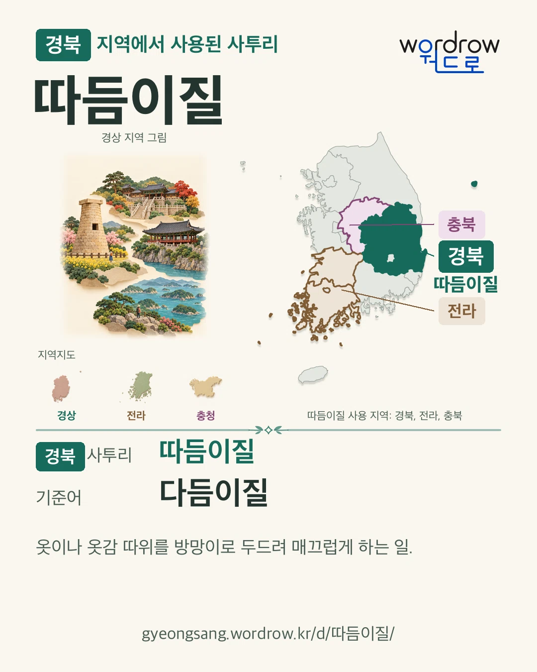 경북 지역에서 사용된 사투리 ‘따듬이질’. 기준어: 다듬이질. 기록 지역을 표시한 지역 그림과 지도 카드.